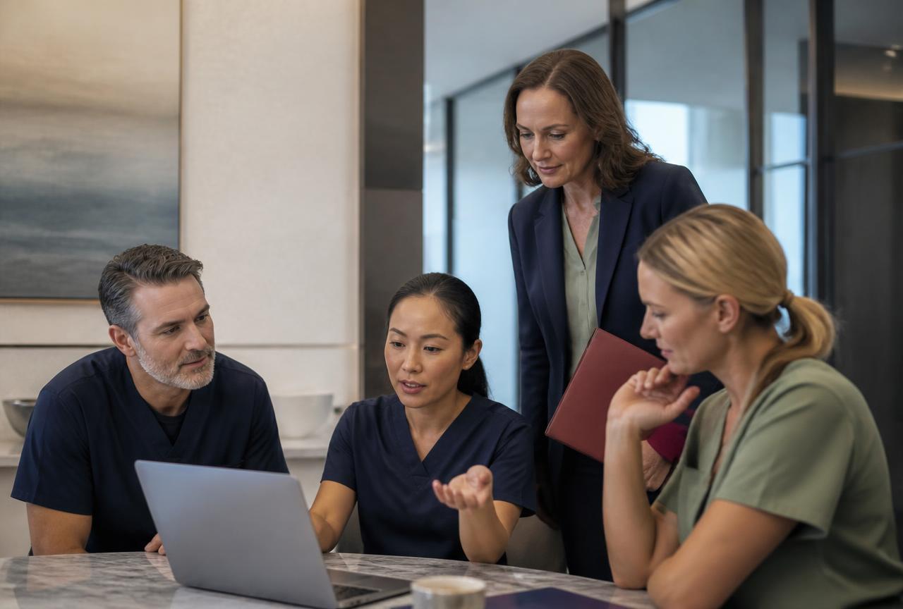 Medical practice team reviewing growth strategy together